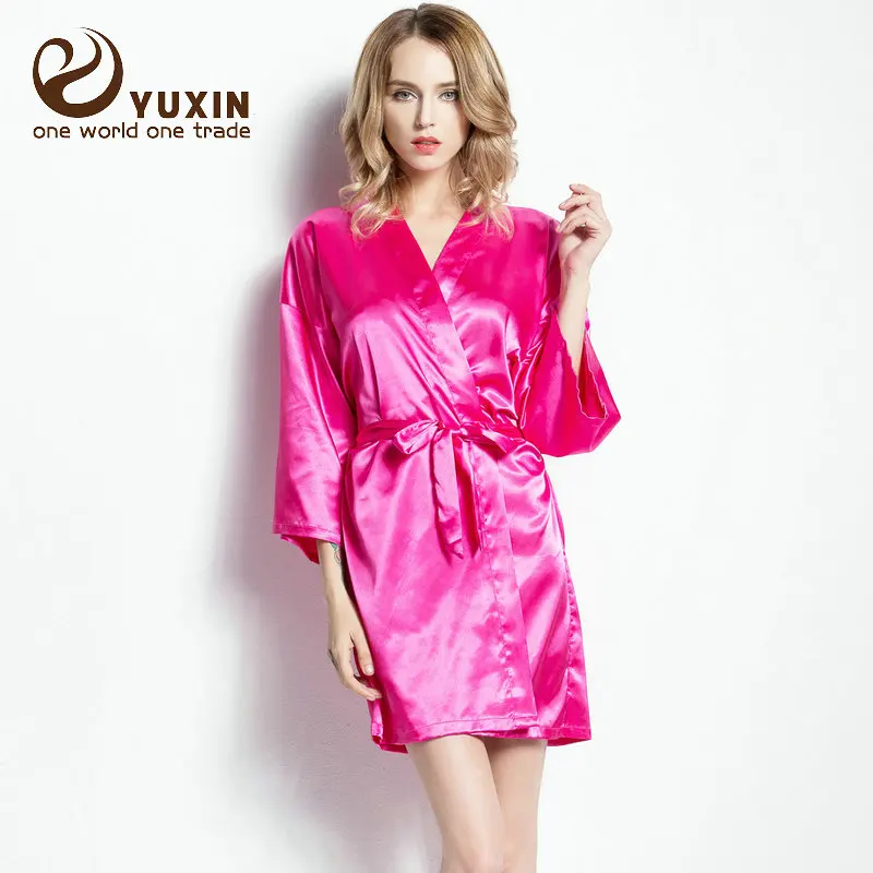 hot pink with print Индивидуальный короткий халат на заказ, свадебное платье-кимоно, свадебные вечерние платья из искусственного шелка, мягкий домашний банный халат для женщин - Цвет: hot pink with print