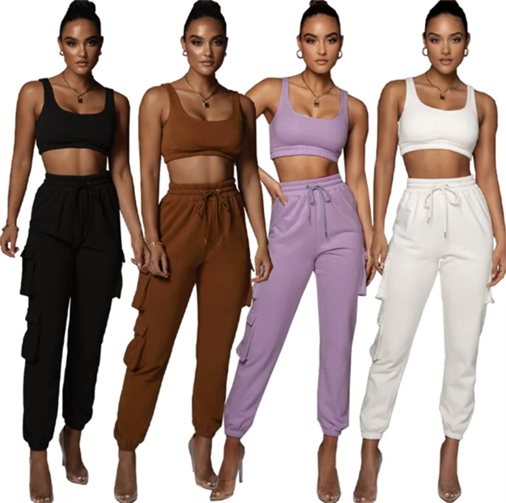 

RStylish Summer 2021 Tracksuits Women Elegant Solid Color Sleeveless Tank Tops Drawstring Pocket Pants Streetwear Two Peice Sets