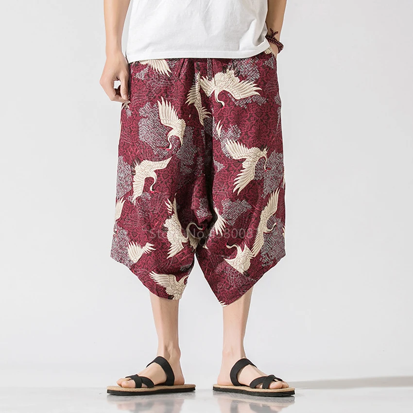 

Plus Japanese Style Linen Pants Man Male Traditional Clothing Kimono Streerwear Crane Print Vintage Fashion Loose Harem Trouser
