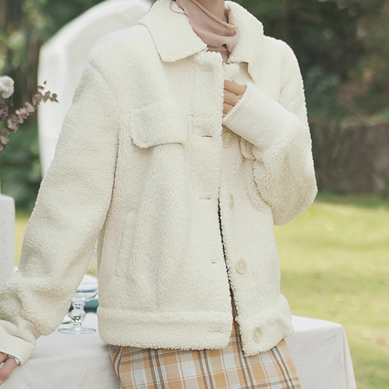 

Casual Lamb Wool Coat Autumn Winter Fashion Faux Fur Pockets Warm Jackets Korean Style Fleece Shaggy Single Breasted Outerwear
