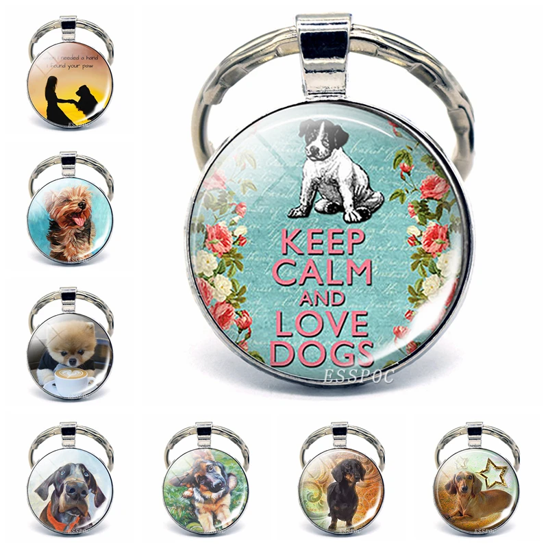 Keep Calm and Love Dog стеклянный кабошон для кулона брелок Кольца Брелоки бульдог хаски, Такса подарок для любимой собаки