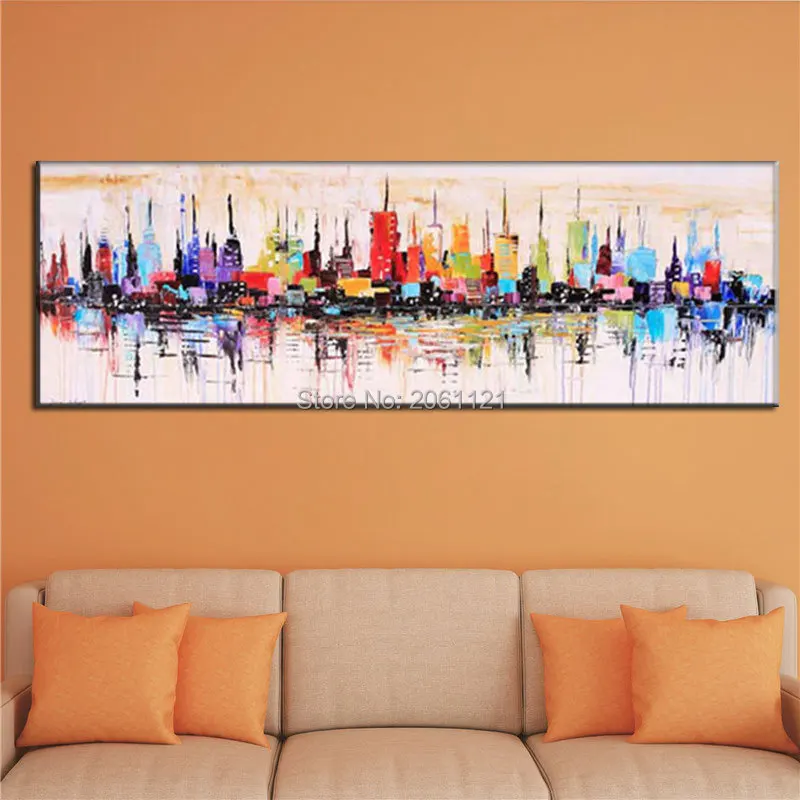 

handmade modern abstract oil painting yellow orange canvas picture long city landscape pop art wall art for living room
