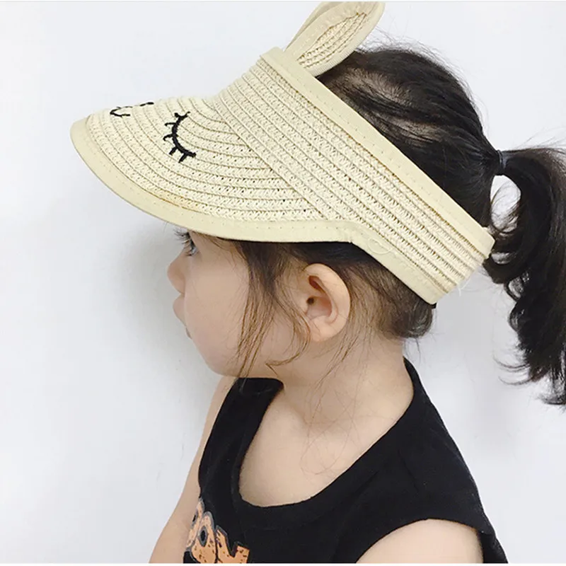 

Summer Rabbit Ears Cartoon Straw Woven Empty Top Straw Hat Outdoor Sunshade Female Casual foldable Sun Cap
