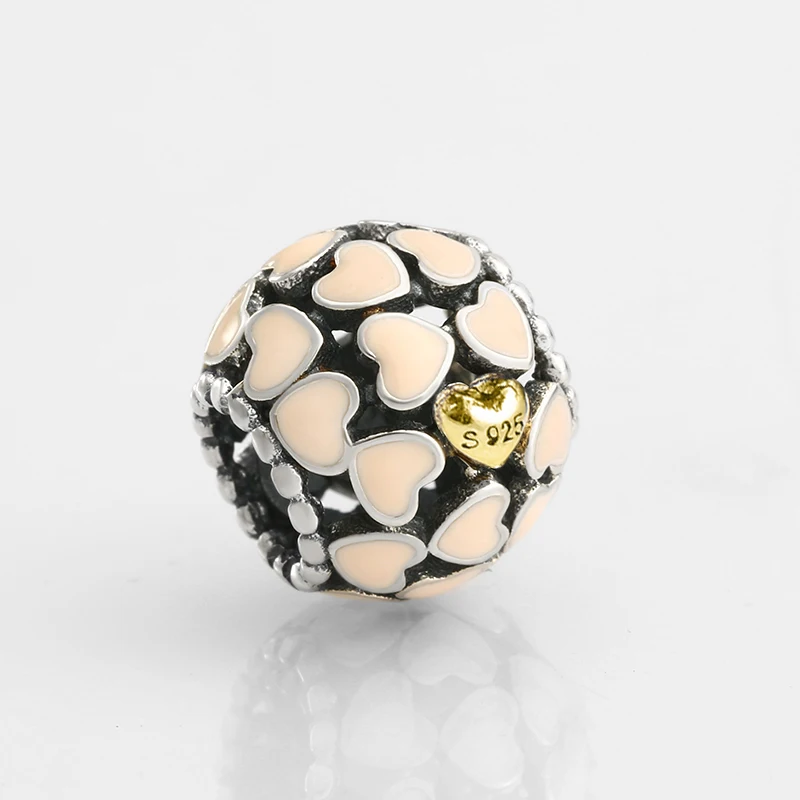 Серебро 925 пробы Розовая эмаль и золотой цвет сердце сделай сам изящные бусы