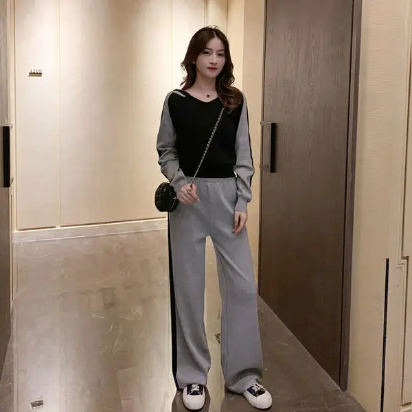 

Casual suit women's new autumn sweater sports casual striped hooded top two piece wide leg pants