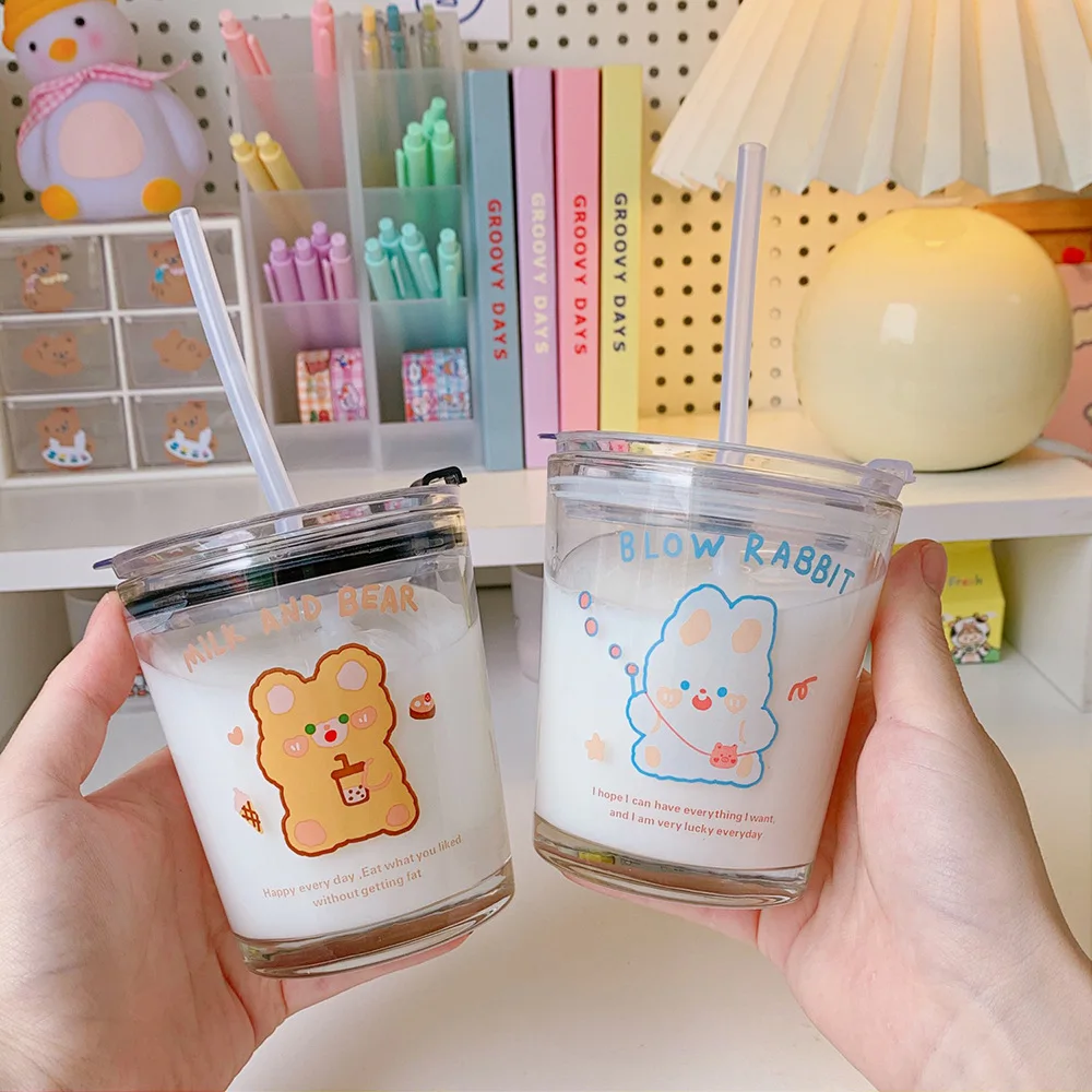 

ins mug with lid simple frosted double layer anti-scalding glass cute coffee milk cup without straws bear gift for Christmas