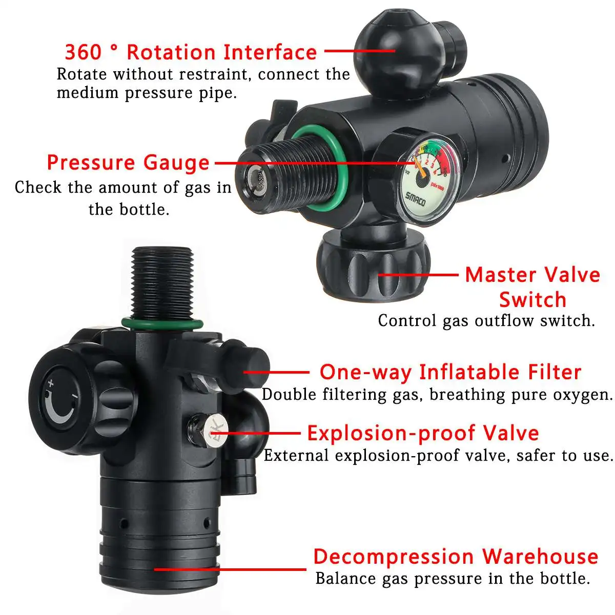 SMACO Scuba Oxygen Cylinder Snorkel DiveTank Respirator Diving Snorkeling Regulator Refill Adapter Breath Valve Equipment | Спорт и