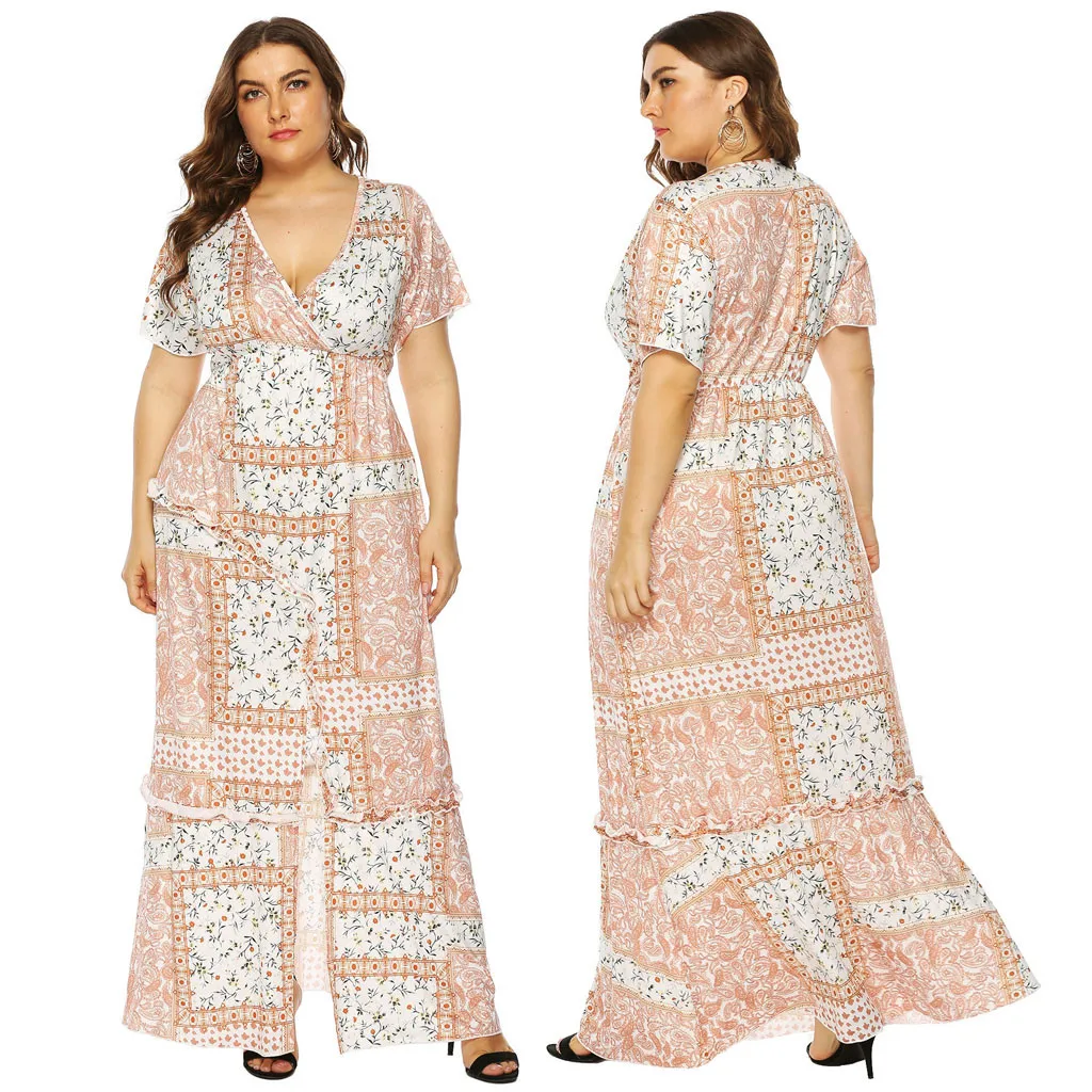 Женские платья больших размеров с v образным вырезом и принтом коротким рукавом