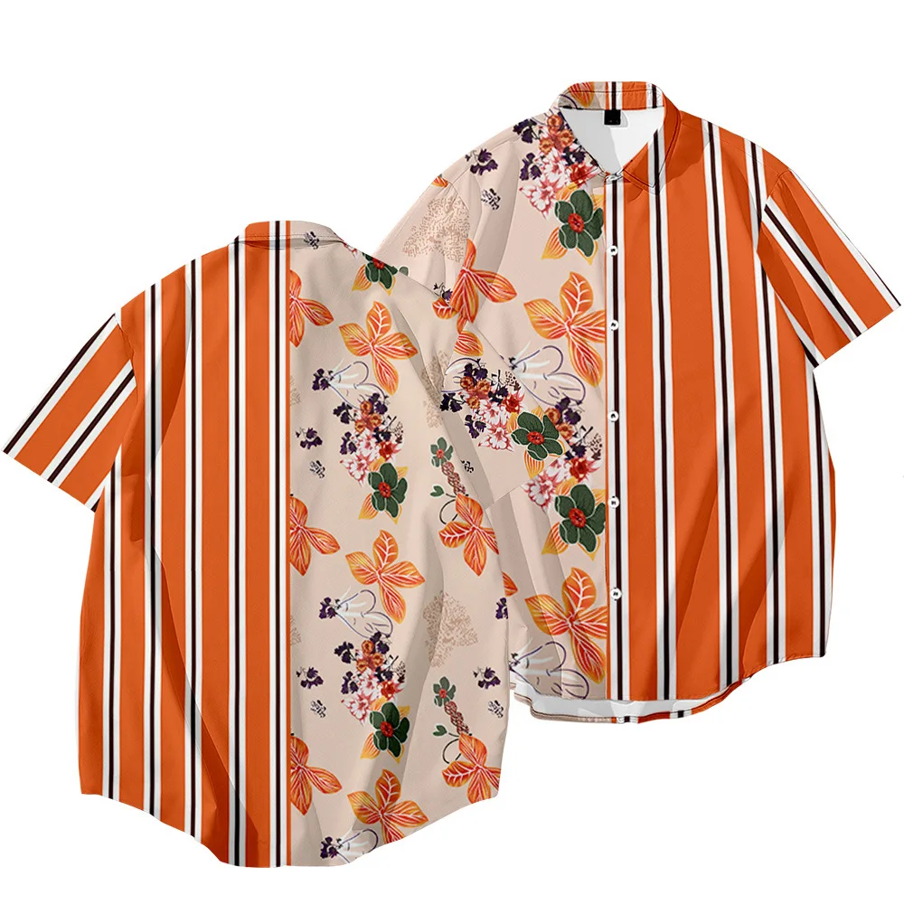 Plus Size S-6XL Summer Male Fashion Casual Flower Striped Printing Short Sleeve  Japan Streetwear Clothes Men's Hawaiian Shirt