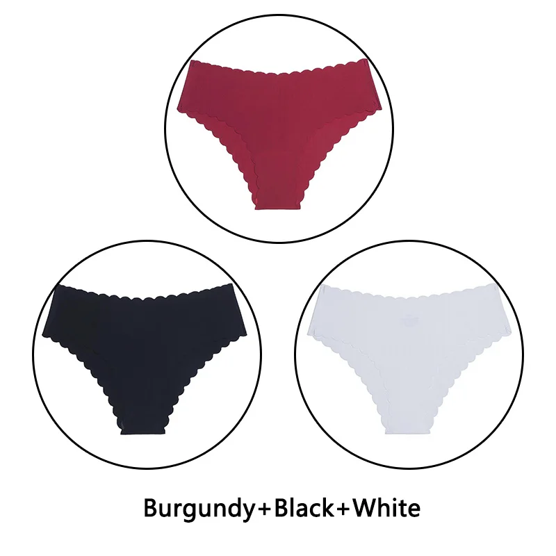 Burgundy Black White 3 шт./партия, сексуальные трусики с оборками женский сексуальный бесшовный трусики с низкой посадкой, однотонное мягкое нижнее белье, женские Ультра тонкие трусики, нижнее белье - Цвет: Burgundy Black White