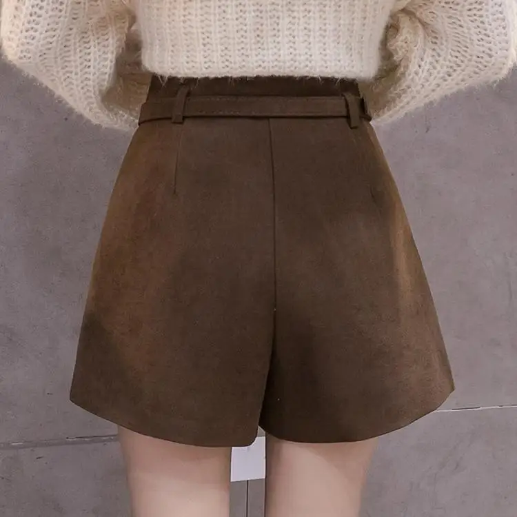 

Lauri Laki High Waist Shorts Women Autumn Winter 2020 Solid Wide Leg A-line Shorts with Belt Elegant Vintage Shorts Plus Size