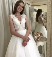 elegant v neck wedding dress sleeveless sweep train tulle lace appliques wedding dresses with sash custom made