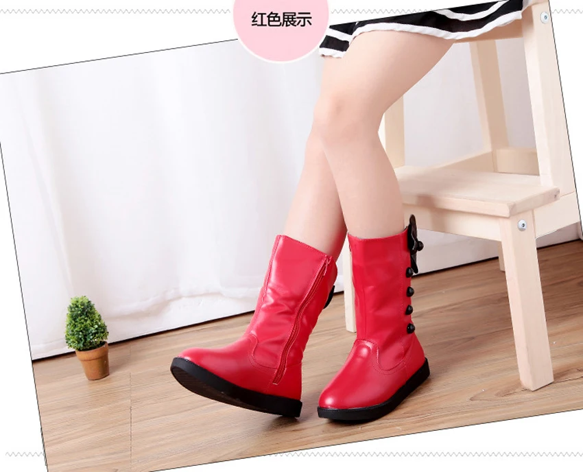 Girls Fashion Boots Autumn Winter Platforms PU Leather Mid-calf Princess Boots Butterfly-knot Ornament Toddler Kids Shoes