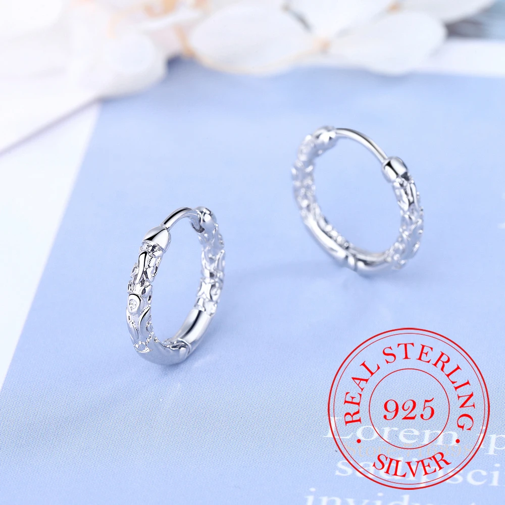 

New Korean Vintage 925 Sterling Silver Hoop Earrings Pattern Vintage Earring For Women Silver Jewelry Wedding Party Mum Gift