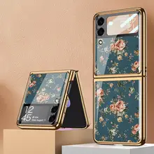 Z Flip 3 Case For Samsung Galaxy Z Flip 3 5G Glass Painted Phone Case Fashion Floral Back Cover Case For Samsung Phone Fundas