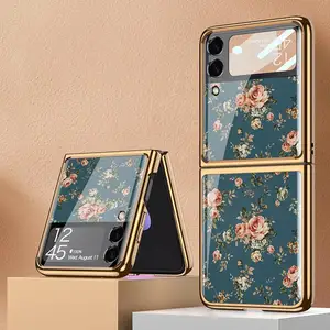 z flip 3 case for samsung galaxy z flip 3 5g glass painted phone case fashion floral back cover case for samsung phone fundas free global shipping