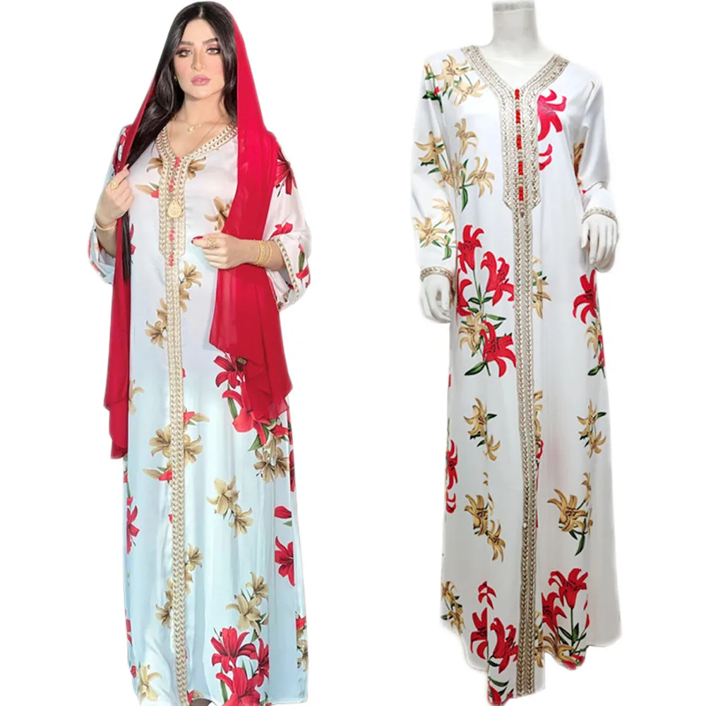 

Muslim Floral Print Long Dress Arabic Abaya Moroccan Turkey V-neck Middle East Women Islamic Clothing Ramadan Eid Maxi Robe Gown