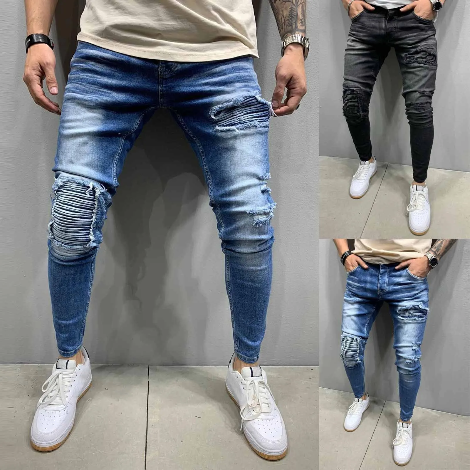 Fashion Men High Waist Zipper Casual Slim Denim Ripped Hole Vintage Stretch Hip Hop Trousers Skinny Jeans Pants Large Size#35 | Мужская