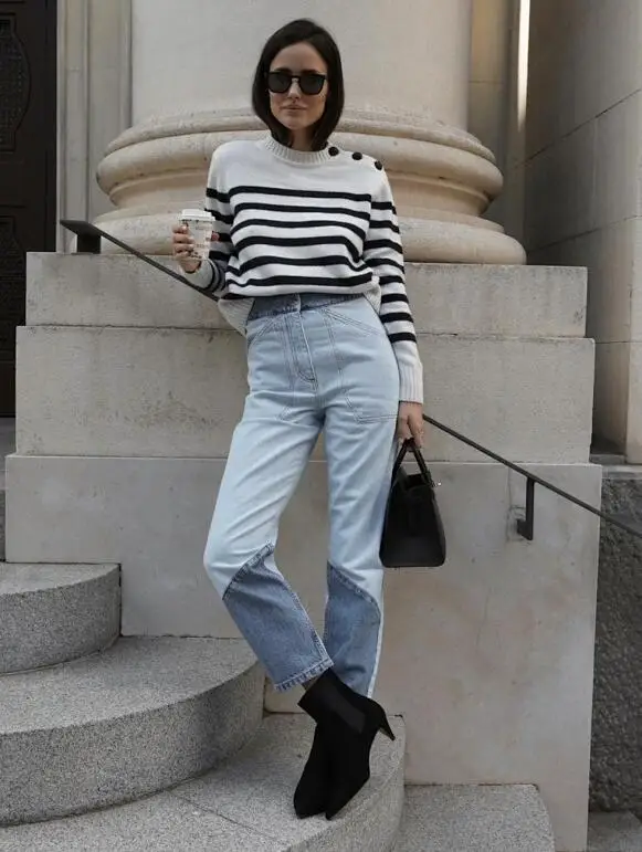 

Женский свитер осень-зима 2021 классический черно-белый полосатый свитер с пряжкой на плече женский шерстяной пуловер