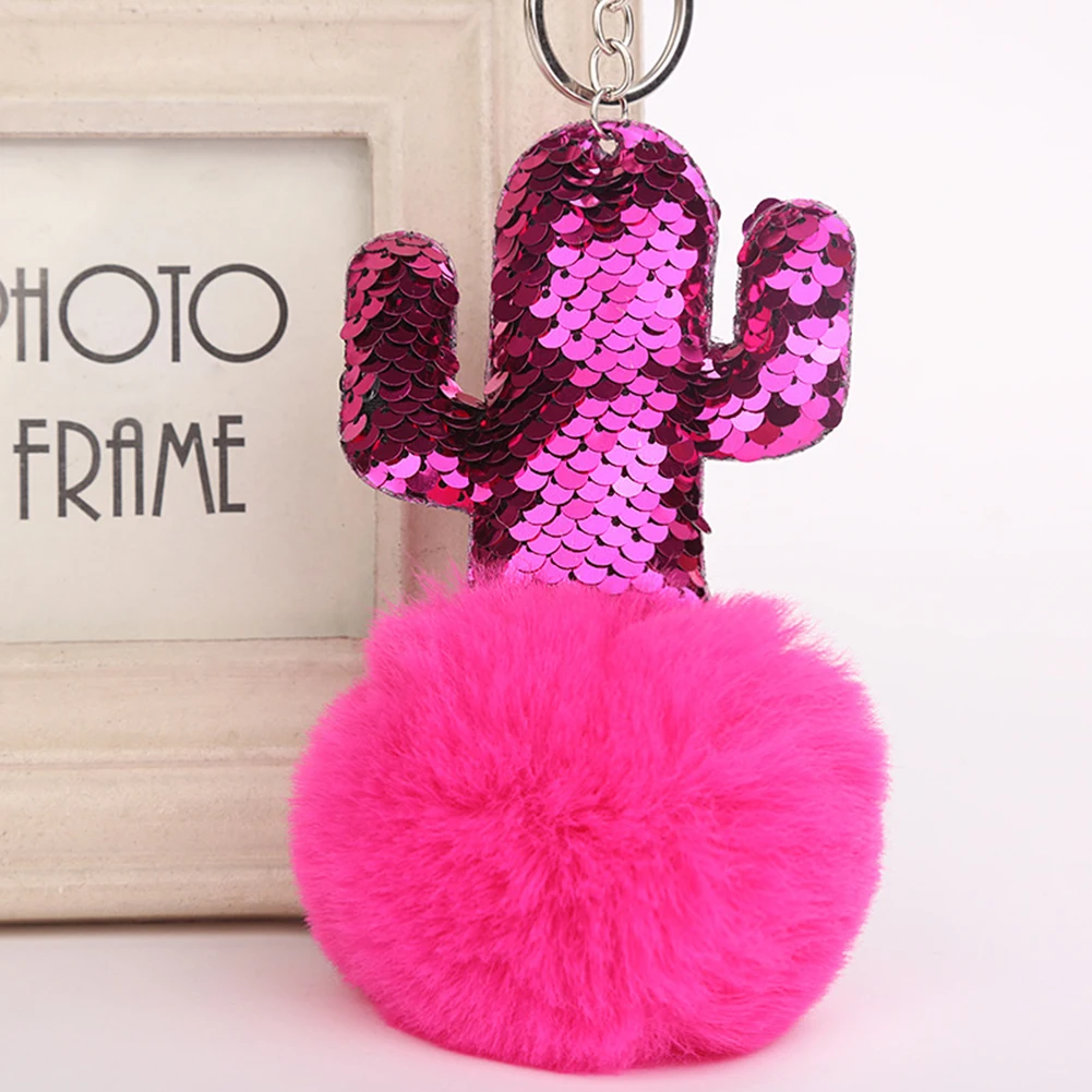 Блестки кактус искусственный мех мяч брелок для ключей автомобиля Женская