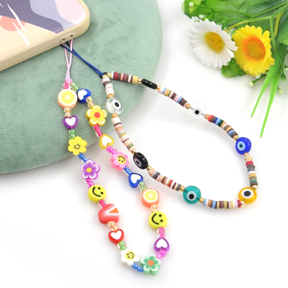 

2PCS/Lot Hotsale Women Phone Chain Summer Multicolor Glass Colorful Heart Flower Beads Cell Phone Holder Lanyard Strap Chain
