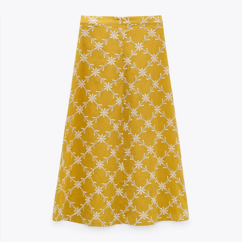 

2021 Ms Summer New Embroidery Cape Midi Skirt High Waist Casual Long Skirts Chic Back Hidden Zip Yellow Elegant Skirt