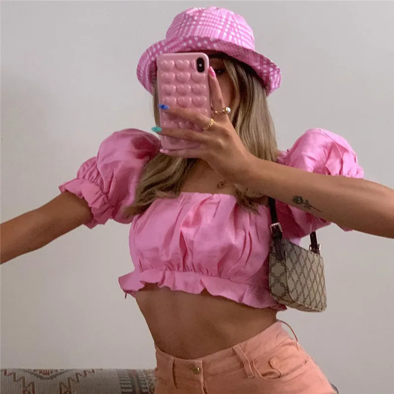 Женский короткий топ с оборками однотонная Повседневная футболка короткими