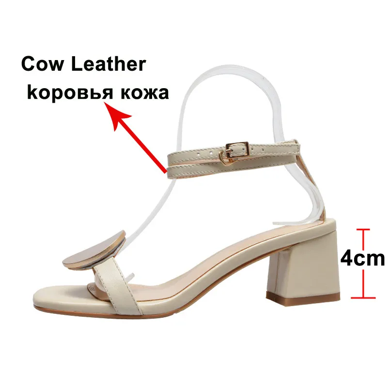 

FOREADA Woman Sandals Natural Genuine Leather Block High Heel Shoes Ankle Buckle Strap Shoes Square Toe Lady Footwear White New