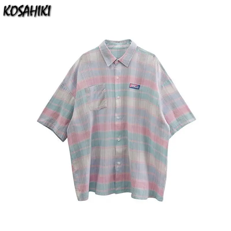

KOSAHIKI Harajuku Plaid Shirt Blouse Unisex Oversize Short Sleeve 2021 Summer Women Loose Clothes Shirt Tops Blusas Streetwear