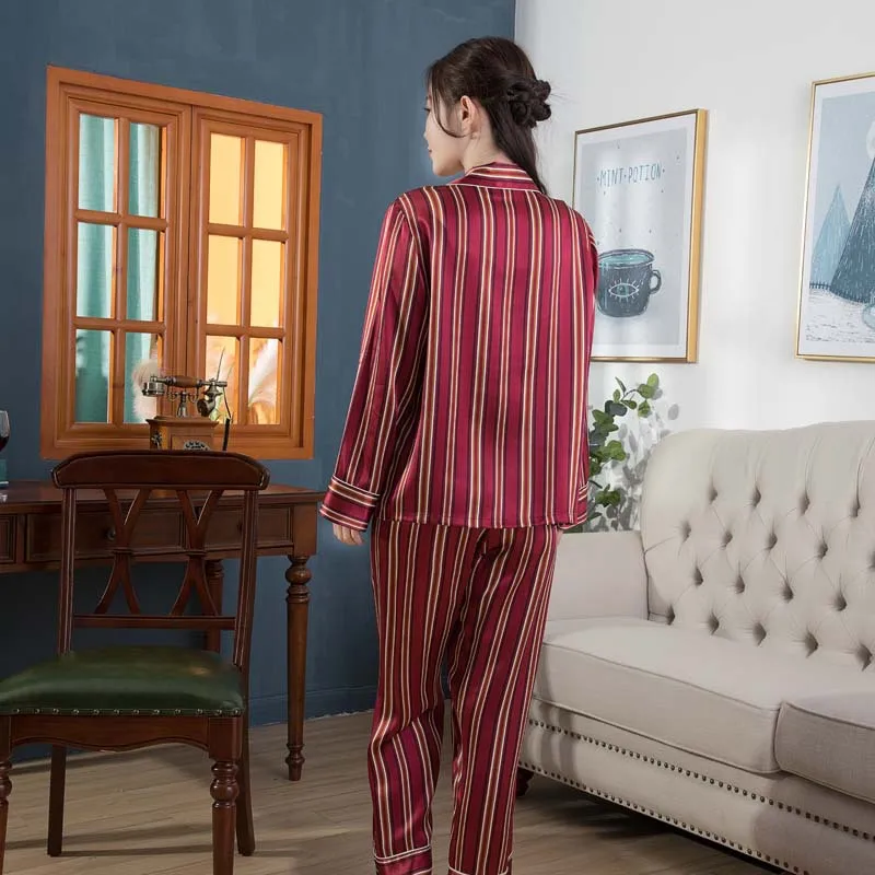 Silk Pajamas Stripe Long Sleeve Two-Piece 100% Pure Silk Comfortable Tracksuit