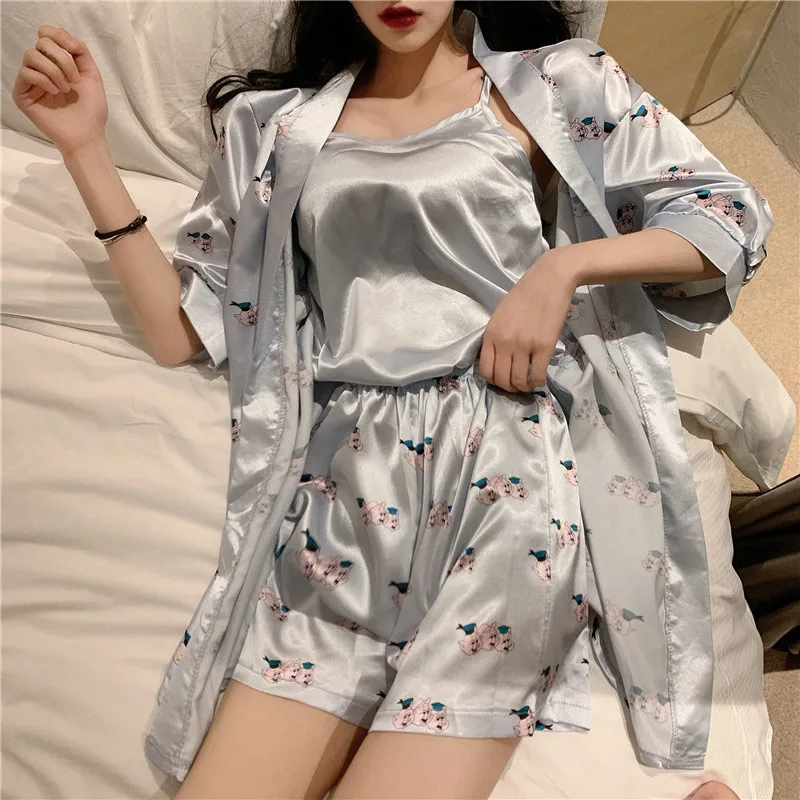 Женские пижамы с рисунком халат шорты на бретельках модные летние из трех