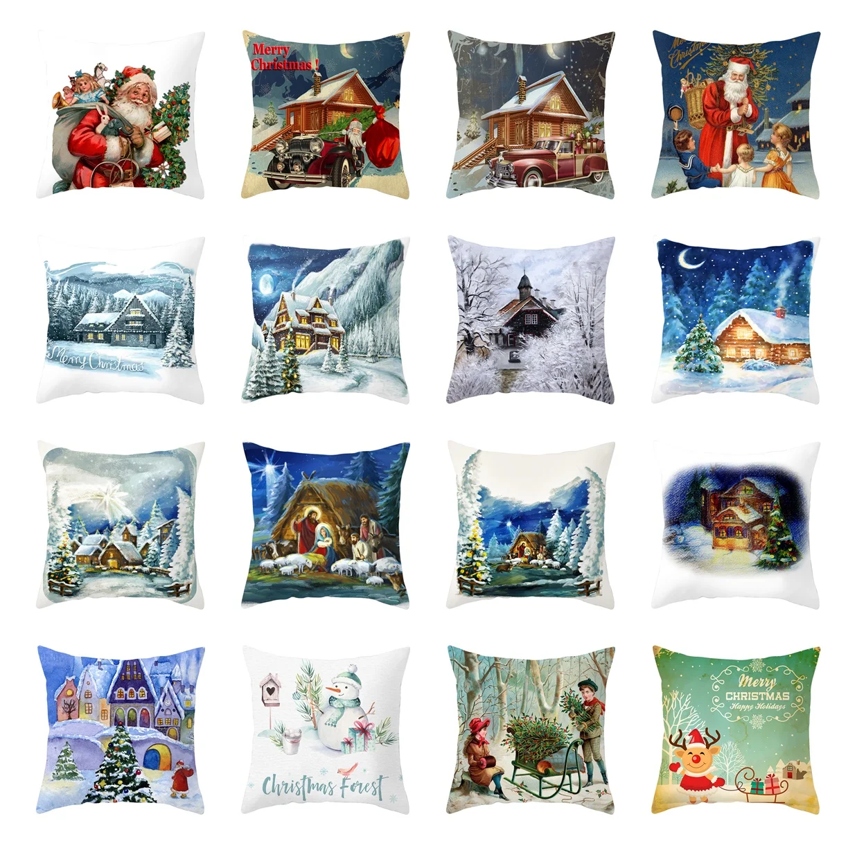 

Santa Claus Children Cushion Cover Christmas Winter Snow House Scenery Pillow Case For Sofa Xmas Tree Snowman Elk Pillow Covers