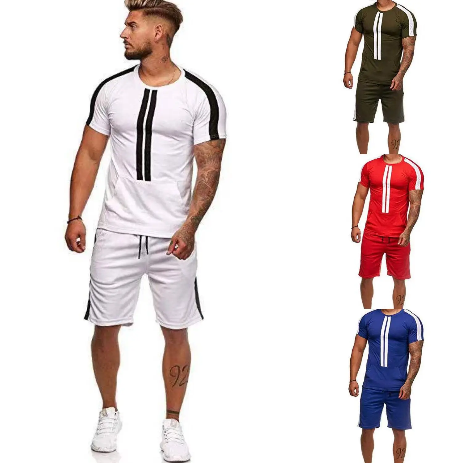 

ZOGAA Summer Men's Fitness Short Sleeved Sets Outdoor Sports Wear Leisure Striped Sweat Suits Male Tracksuits Cotton Set For Men