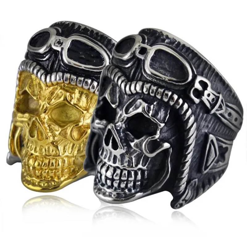 

SECRET BOYS Vintage Gothic Stainless Steel Pilot Skull Helmet Rings Mens Biker Punk Antique Ring Size 7~14