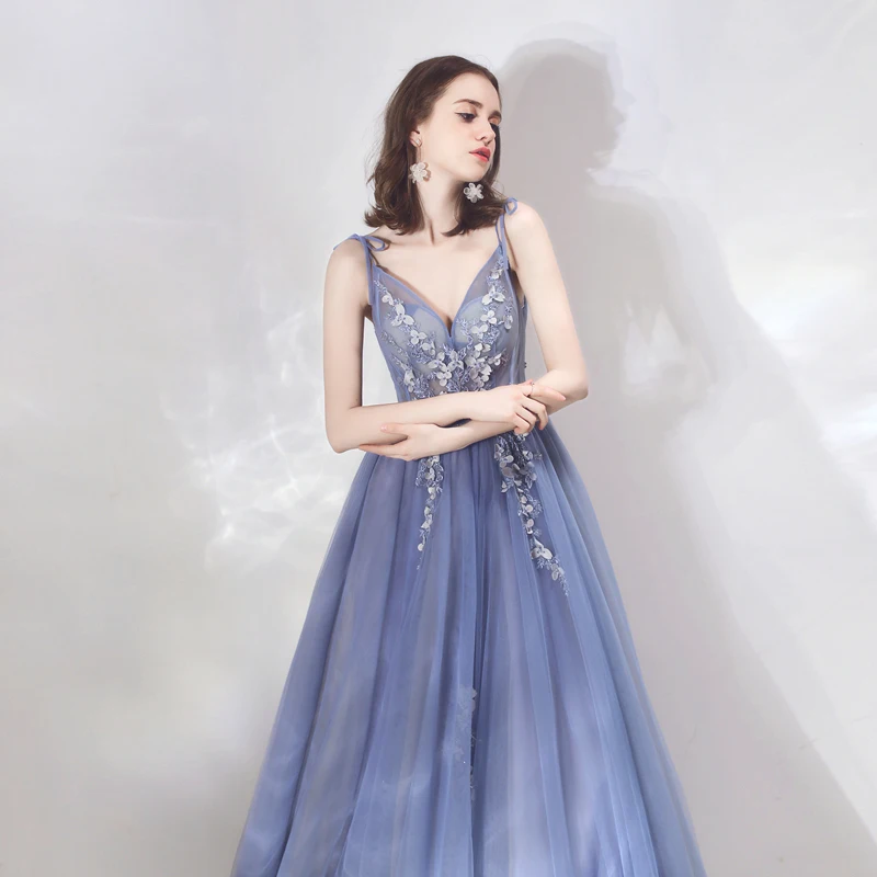 SSYFashion/Новое серое синее длинное вечернее платье с v-образным вырезом без рукавов