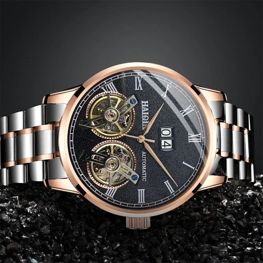 HAIQIN Men Mechanical Automatic Double Tourbillon Calendar Stainless Steel Wrist Watches Top Brand Luxury Military Male Clock