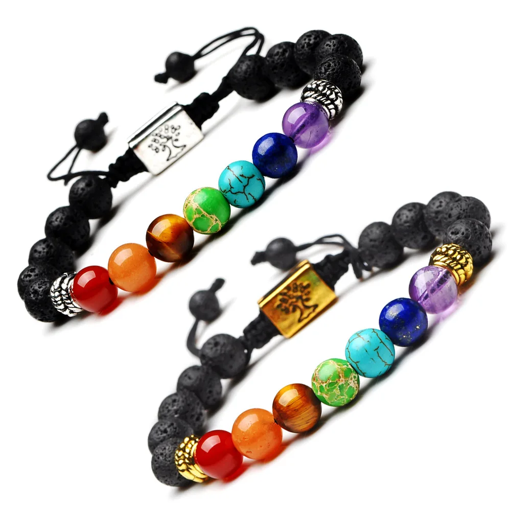 

8mm Black Lava Stone Weave Tree of Life 7 Chakra Healing Balance Beads Reiki Arom Essential Oil Diffuser Bracelet Jewelry