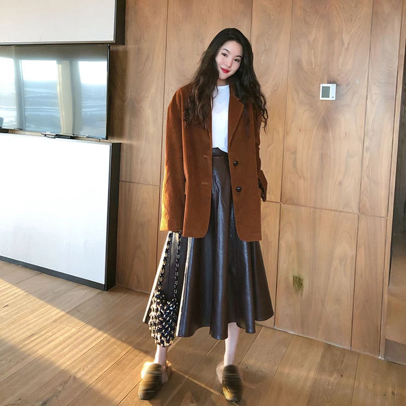 

[EAM] Loose Fit Caramel Color Corduroy Big Size Jacket New Lapel Long Sleeve Women Coat Fashion Tide Spring Autumn 2021 1DA456