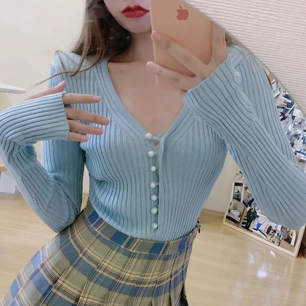 

Сексуальное платье с глубоким v-образным вырезом, вязаный свитер для женщин 2021 на весну-осень, новинка, длинный рукав, однобортный Перл карди...