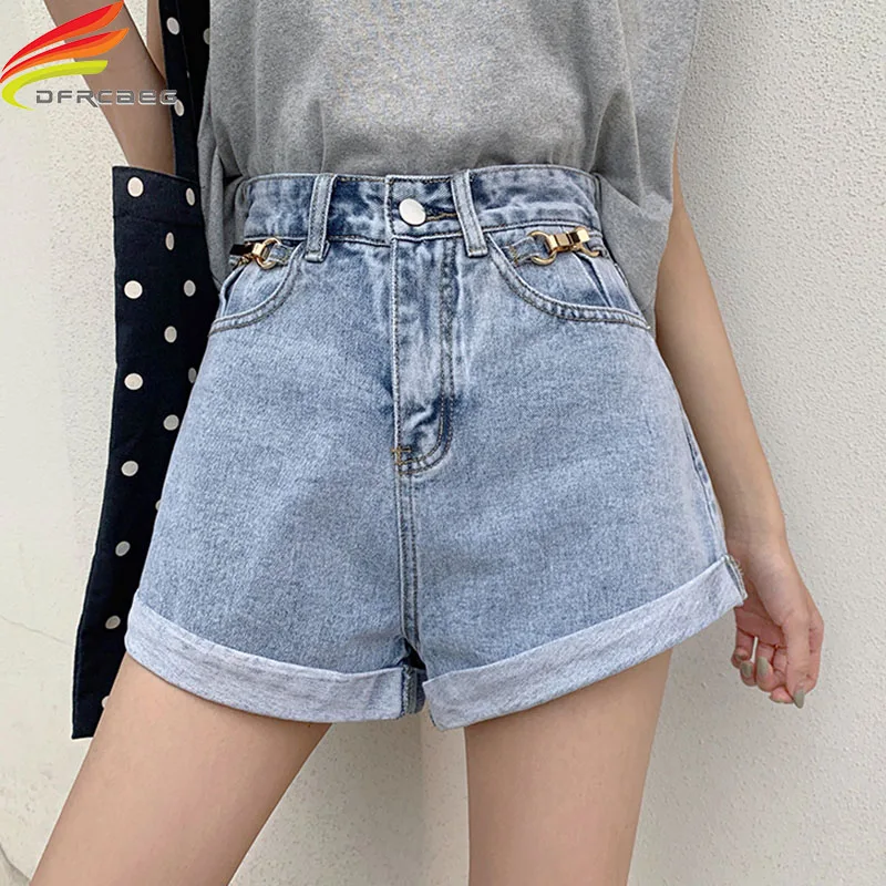 

Summer 2020 New Women's Denim Shorts With High Waisted Wide Leg Loose Crimping Sky Blue Street Style Sequined Jean Shorts Female