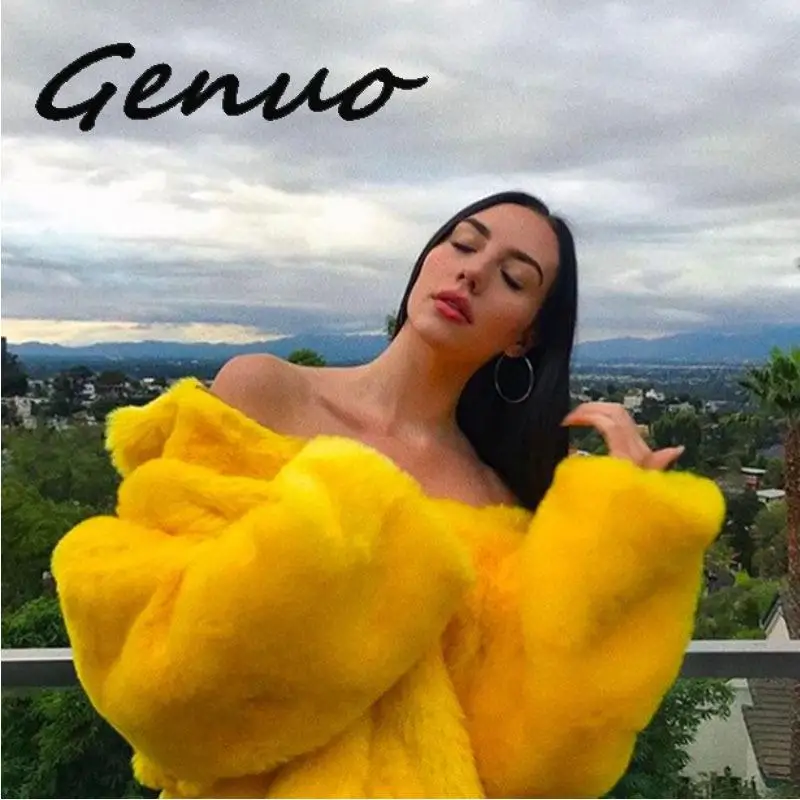 Женское зимнее теплое пальто из искусственного меха винтажная желтая Меховая