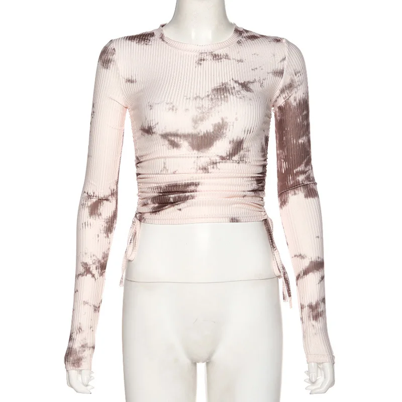 

Tie Dye Print Ribbed Women T Shirt Crop Top Bandage Long Sleeve Sexy Streetwear Summer Clothes Drawstring