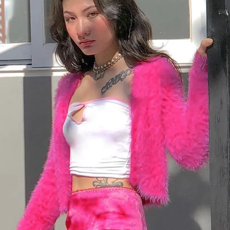 Shestyle Pink Fluffy Open Stitch Cardigans Women Flannel Autumn Fall Spring Short Jackets Sweet Streetwear 2019 New Arrivals | Женская