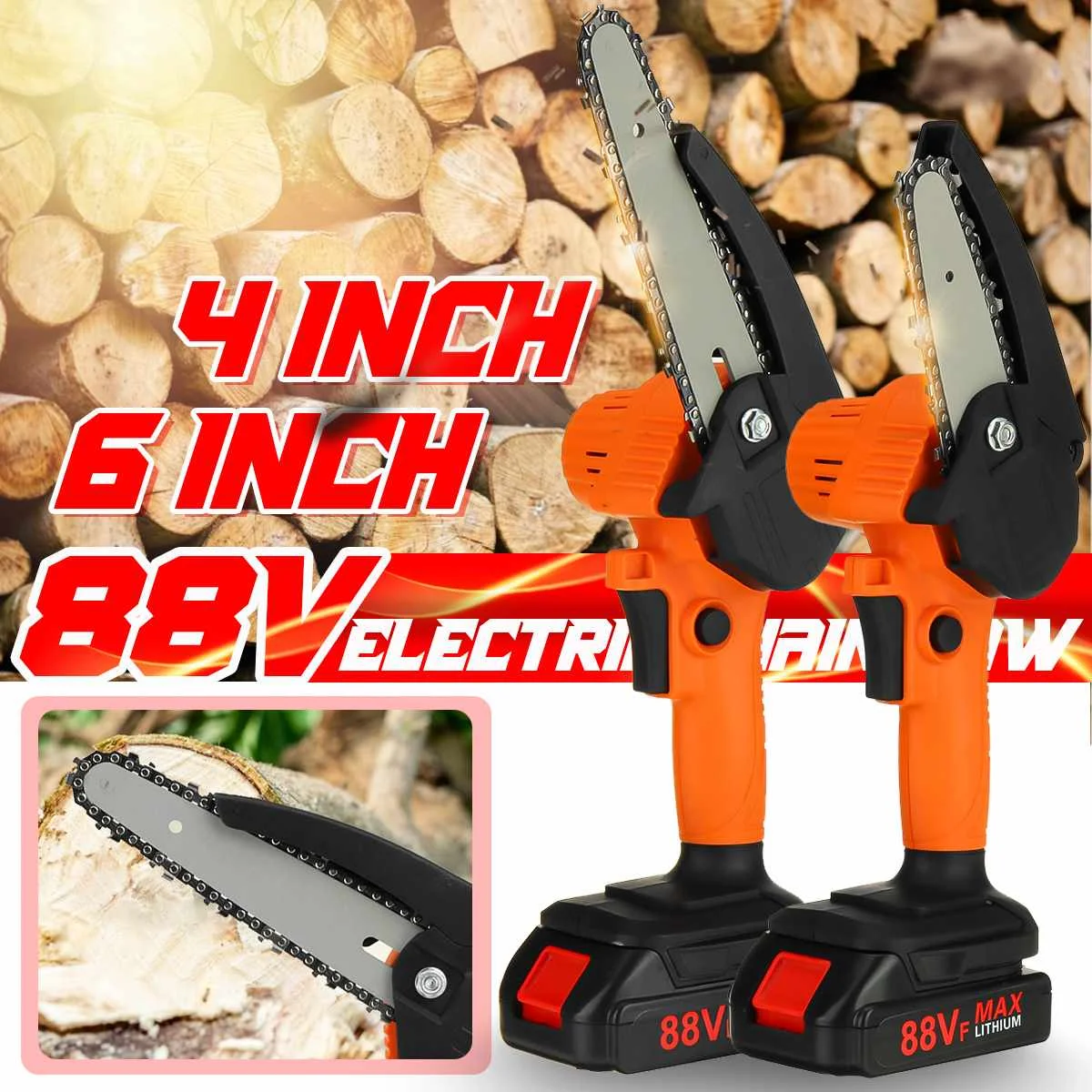 

2000W 4/6 Inch 88V Mini Electric Chain Saw With 2PC Battery Woodworking Pruning One-handed Garden Tool Rechargeable EU Plug