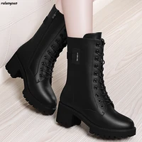 thick heeled mid tube martin boots womens leather boots 2021 new womens boots high heeled winter boots plus size