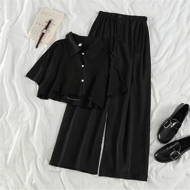 

Retro Suit 2021 Summer Popular Women's Korean Version Of The Scheming Foreign T-shirt Two-Piece High-Waisted Wide-Leg Pants