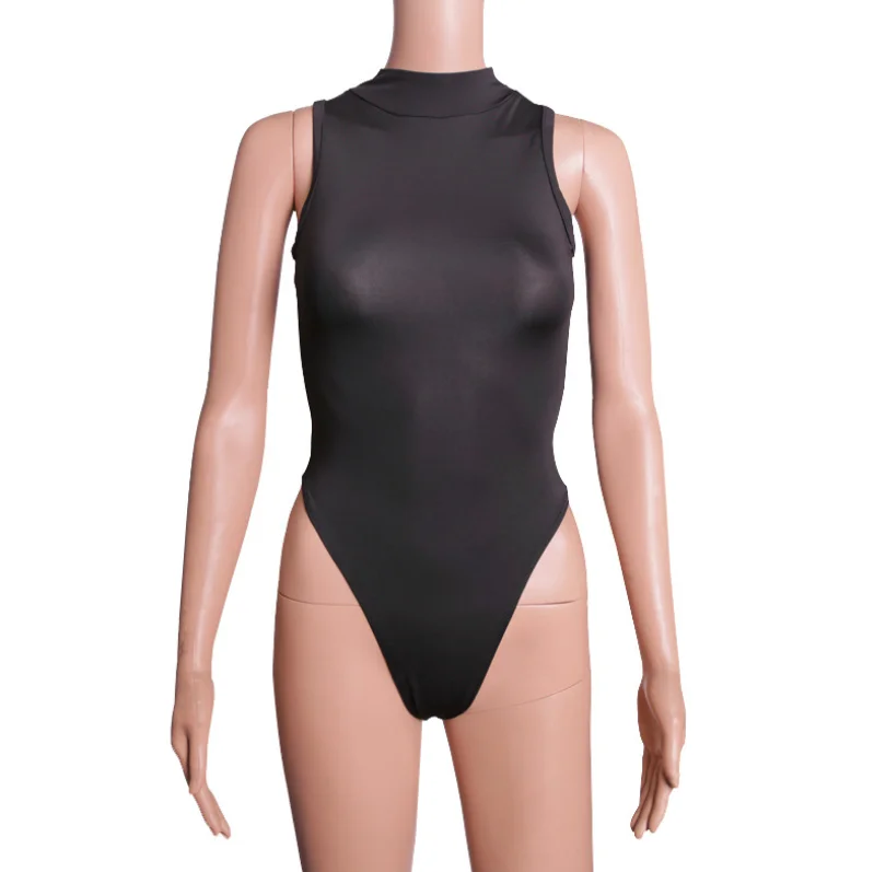 Боди женское из эластичной ткани с высоким вырезом без рукавов узкими плечами -