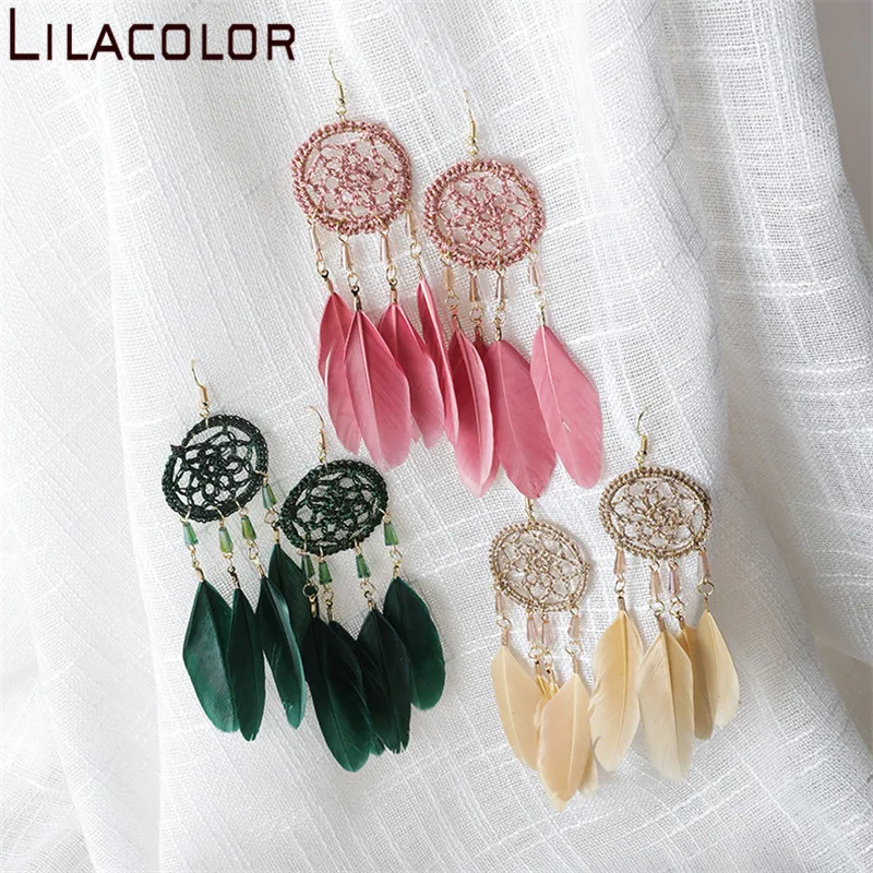 Lilacolor Ловец снов перья Женские Висячие серьги Boho Kahki розовый зеленый для девушек