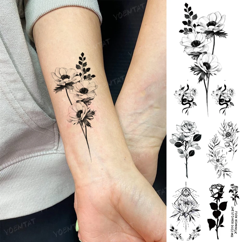

Waterproof Temporary Tattoo Sticker Snake Leaf Butterfly Wing Moon Rose Black Flower Tatto Arm Hand Fake Tatoo Man Woman Tattoos