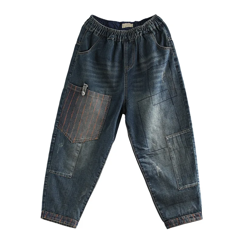 Autumn Spring Women Jeans 2019 Thin Denim Loose Harem Pockets Elastic Waist Vintage Casual Pants YoYiKamomo | Женская одежда